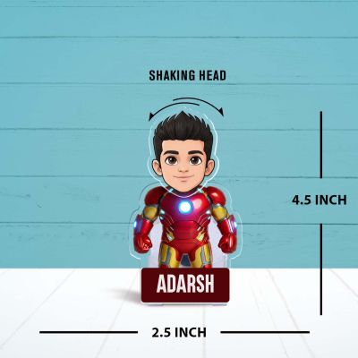 Personalized Bobble Head Ironman458 Superhero Cartoon Standee with Shaking Head, Custom with Name Idol for Car Dashboard & Home Decor Gift for Superhero Fans Return Gift Solar Powered